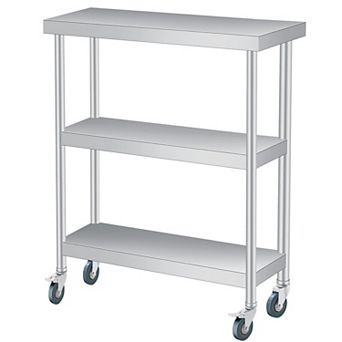 Stainless Steel Table, 14x24x34 Inch, 3 tier Metal Prep Table with 2 Lockable Wheels, Undershelf