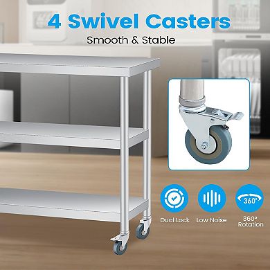 Stainless Steel Table, 14x24x34 Inch, 3-Tier Metal Prep Table with 2 Lockable Wheels, Undershelf