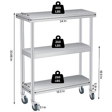 Stainless Steel Table, 14x24x34 Inch, 3-Tier Metal Prep Table with 2 Lockable Wheels, Undershelf