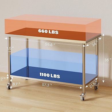 Stainless Steel Table, 60" x 24", 1000 LBS, with Adjustable Undershelf and Lockable Casters