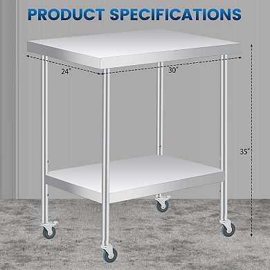 Stainless Steel Table30x24x35Inch with 2-Tier Storage, Adjustable Undershelf, Lockable Casters