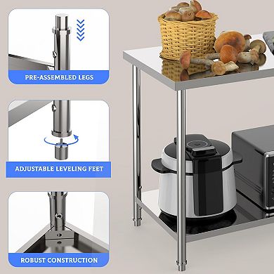 Stainless Steel Table, 60" x 24", 1000 LBS, with Adjustable Undershelf and Galvanized Legs