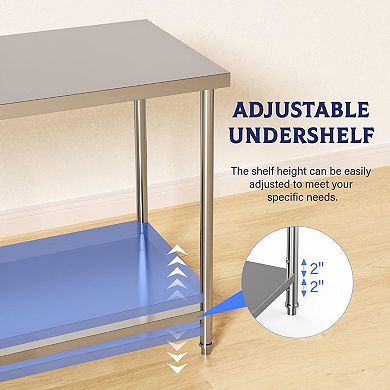 Stainless Steel Table, 60" x 24", 1000 LBS, with Adjustable Undershelf and Galvanized Legs