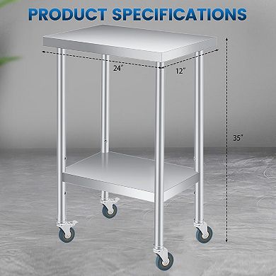Stainless Steel Table 12x24x35Inch with 2-Tier Storage, Adjustable Undershelf, Lockable Casters