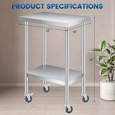 Stainless Steel Table 14x24x35Inch with 2-Tier Storage, Adjustable Undershelf, Lockable Casters
