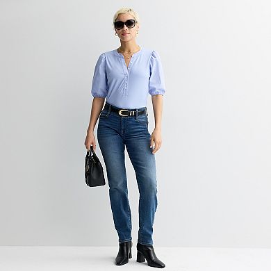 Women's Nine West Mixed Media Henley Puff Sleeve Top