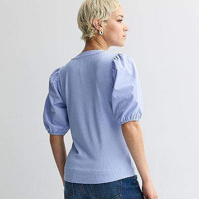 Women's Nine West Mixed Media Henley Puff Sleeve Top