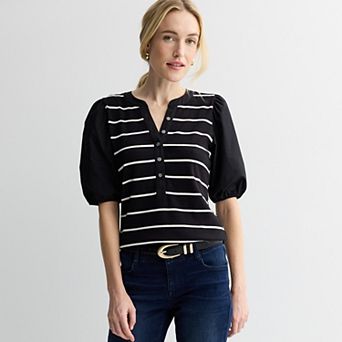 Women's Nine West Mixed Media Henley Puff Sleeve Top