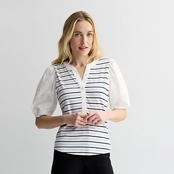 Women's Nine West Mixed Media Henley Puff Sleeve Top