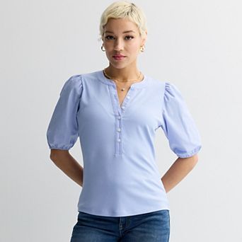 Women's Nine West Mixed Media Henley Puff Sleeve Top