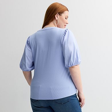 Plus Size Nine West Rib Mixed Media Henley Puff Sleeve Top