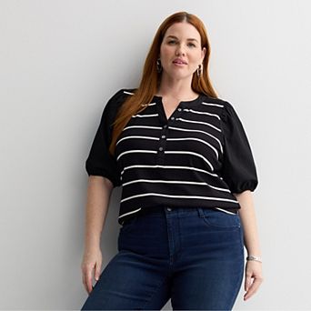 Plus Size Nine West Rib Mixed Media Henley Puff Sleeve Top