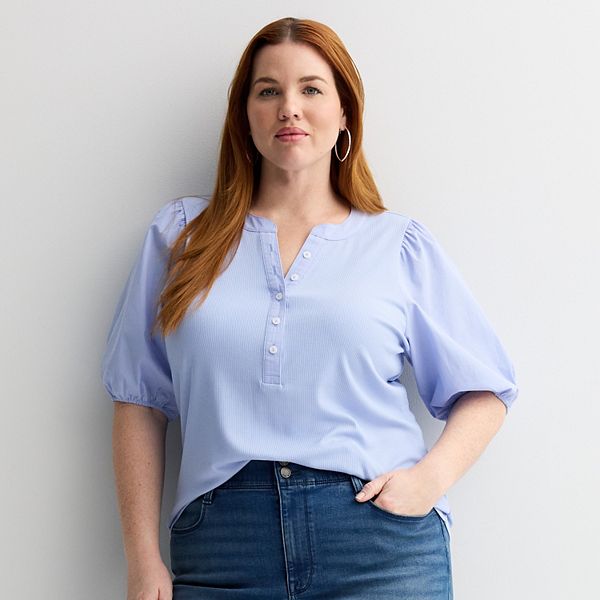 Plus Size Nine West Rib Mixed Media Henley Puff Sleeve Top