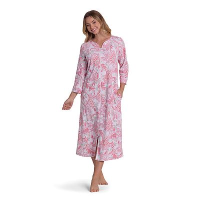 Petite Miss Elaine Essentials Interlock Knit Long Robe, Women's, Size: Small Petite, Coral Tapestry Print