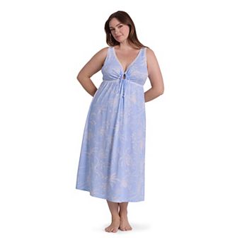 Plus Size Miss Elaine Essentials Silkyknit V-Neck & Tie Detail Long Nightgown