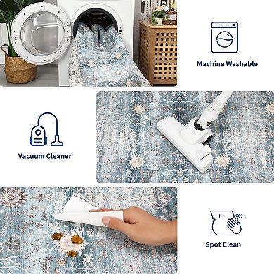 Garvee Vintage Floral Area Rug Machine Washable Low Pile Non Slip Rug for Living Room Bedroom