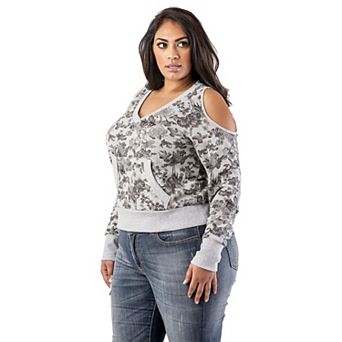 Plus Size Curvy Women's Grey Floral Printed V-Neck Sweatshirt