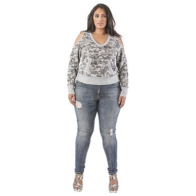 Plus Size Curvy Women's Grey Floral Printed V-Neck Sweatshirt