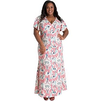 Plus Size Curvy Women's Butterfly Sleeve Peacock Print Maxi Dress