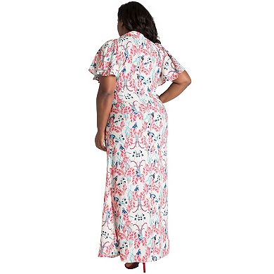 Plus Size Curvy Women's Butterfly Sleeve Peacock Print Maxi Dress