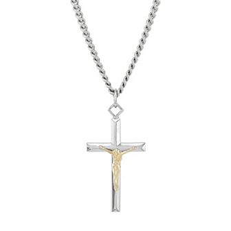 Sterling Silver & Stainless Steel Curb Chain Cross Jesus Pendant Necklace