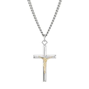 Sterling Silver & Stainless Steel Curb Chain Cross Jesus Pendant Necklace