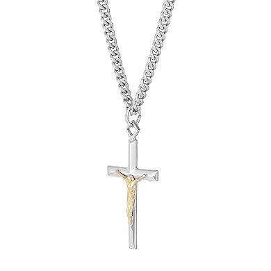 Sterling Silver & Stainless Steel Curb Chain Cross Jesus Pendant Necklace