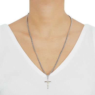 Sterling Silver & Stainless Steel Curb Chain Cross Jesus Pendant Necklace