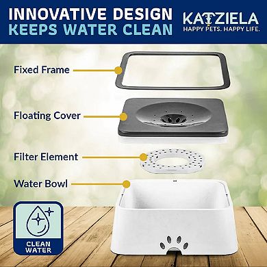 Katziela No Spill Dog & Cat Water Bowl - 35oz Slow Feeder, No Drip, Non-Slip Design