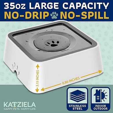 Katziela No Spill Dog & Cat Water Bowl - 35oz Slow Feeder, No Drip, Non-Slip Design