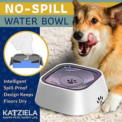 Katziela No Spill Dog & Cat Water Bowl - 35oz Slow Feeder, No Drip, Non-Slip Design