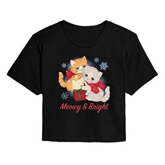 Juniors' Meowy & Bright Christmas Cropped Graphic Tee