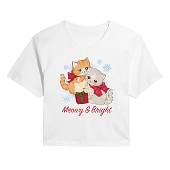 Juniors' Meowy & Bright Christmas Cropped Graphic Tee