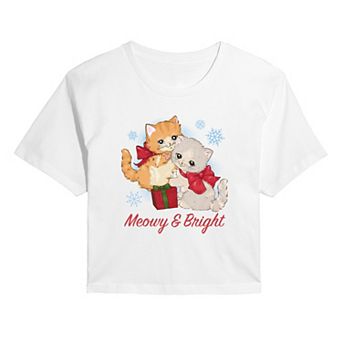 Juniors' Meowy & Bright Christmas Cropped Graphic Tee