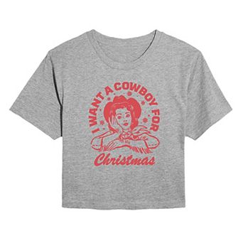 Juniors' I Want A Cowboy For Christmas Cropped Graphic Tee