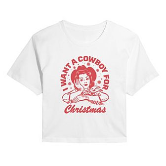 Juniors' I Want A Cowboy For Christmas Cropped Graphic Tee