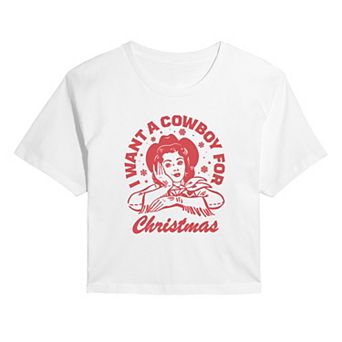 Juniors' I Want A Cowboy For Christmas Cropped Graphic Tee