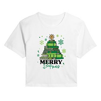 Juniors' Merry Bookmas Christmas Cropped Graphic Tee