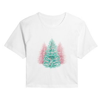 Juniors' Pastel Christmas Trees Cropped Graphic Tee