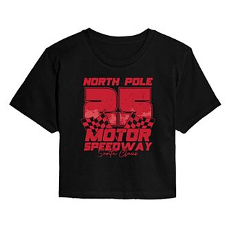 Juniors' North Pole Motor Speedway Christmas Cropped Graphic Tee
