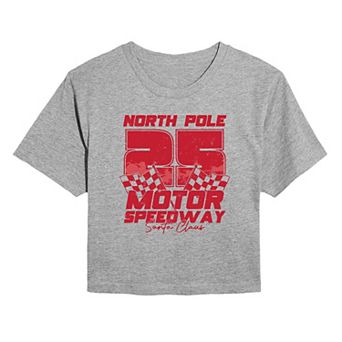 Juniors' North Pole Motor Speedway Christmas Cropped Graphic Tee