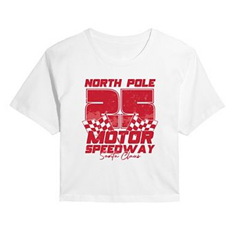 Juniors' North Pole Motor Speedway Christmas Cropped Graphic Tee
