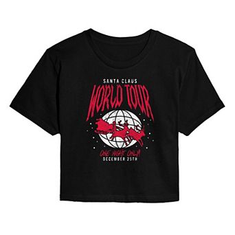 Juniors' Santa Claus World Tour Christmas Cropped Graphic Tee