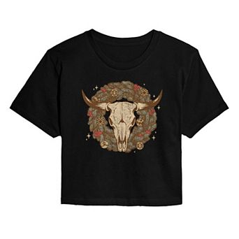 Juniors' Cow Skull Wreath Christmas Cropped Graphic Tee