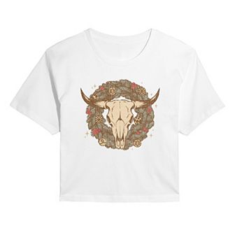 Juniors' Cow Skull Wreath Christmas Cropped Graphic Tee