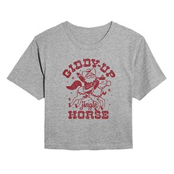 Juniors' Giddy Up Jingle Horse Christmas Cropped Graphic Tee
