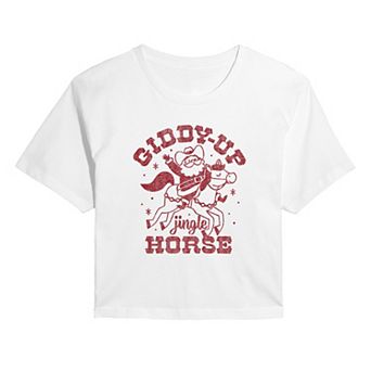 Juniors' Giddy Up Jingle Horse Christmas Cropped Graphic Tee