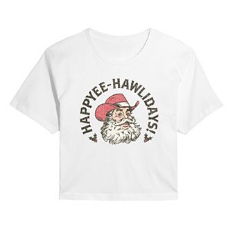 Juniors' Happyee Hawlidays Christmas Cropped Graphic Tee