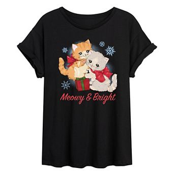 Juniors' Meowy & Bright Oversized Christmas Graphic Tee