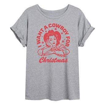 Juniors' I Want A Cowboy For Oversized Christmas Graphic Tee